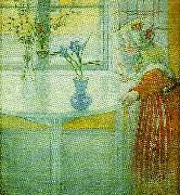 Carl Larsson lillanna vid fonstret-tittut-flickan och krokusen painting